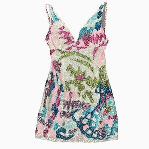 SCALA Sequin Silk Dress Womens 12 Pastel White Sexy Club Gown Bling Prom